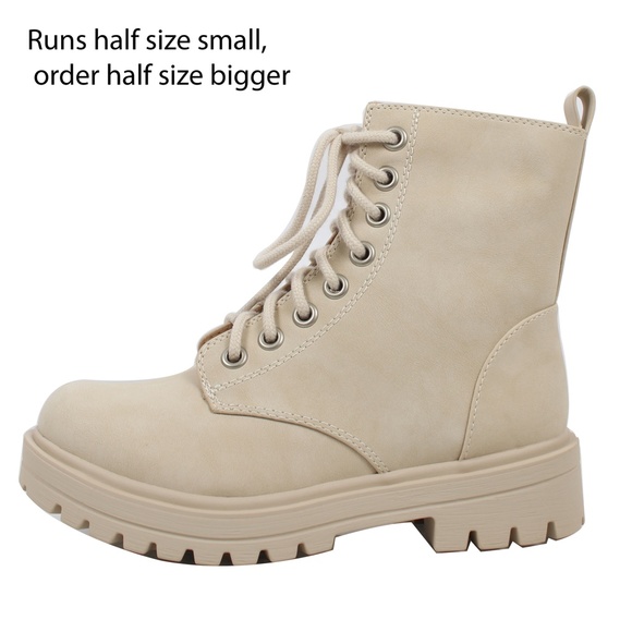 Beige Faux Nubuck Leather Combat Lace Up Ankle Boot - Picture 2 of 5